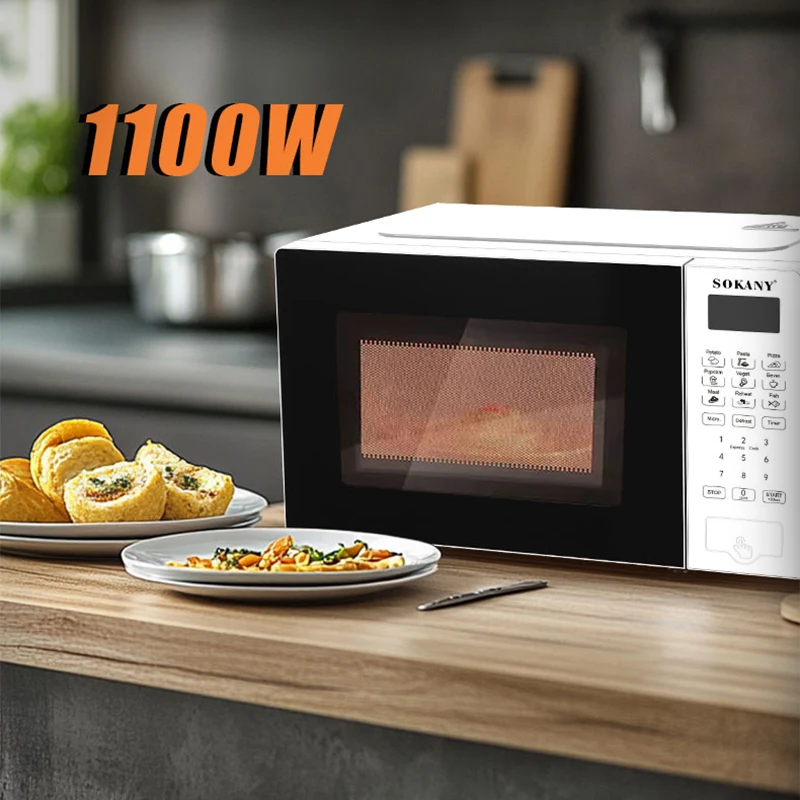 White 1100W SOKANY microwave on kitchen counter