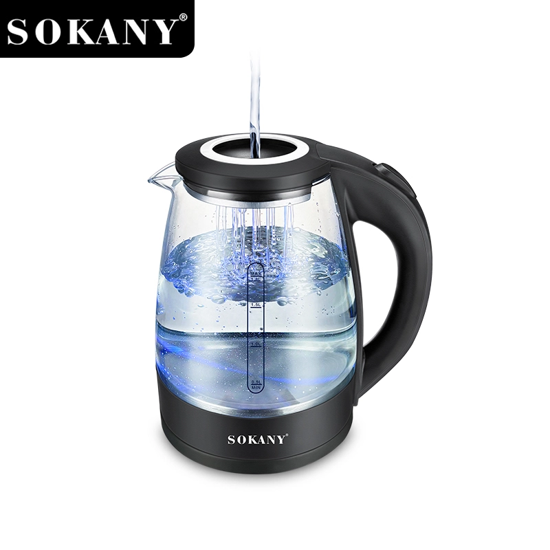 Sokany SK-09067 1500W 1.8L Высокоэлектрикатный стеклянный чайник с высокой боросиликатной чайником с нагревательной пластиной из нержавеющей стали 1
